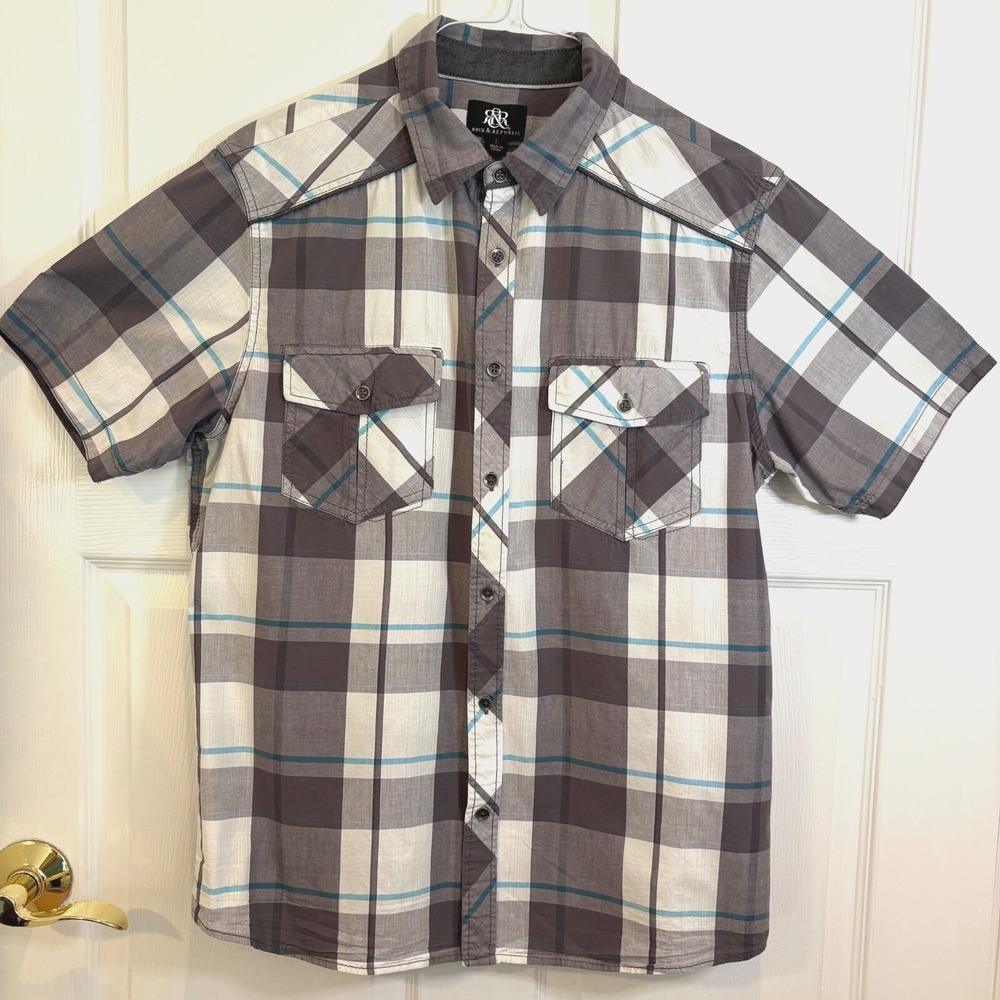 Rock & Republic Men's Short Sleeve Button-Up Shirt Large Gray Teal Plaid Western